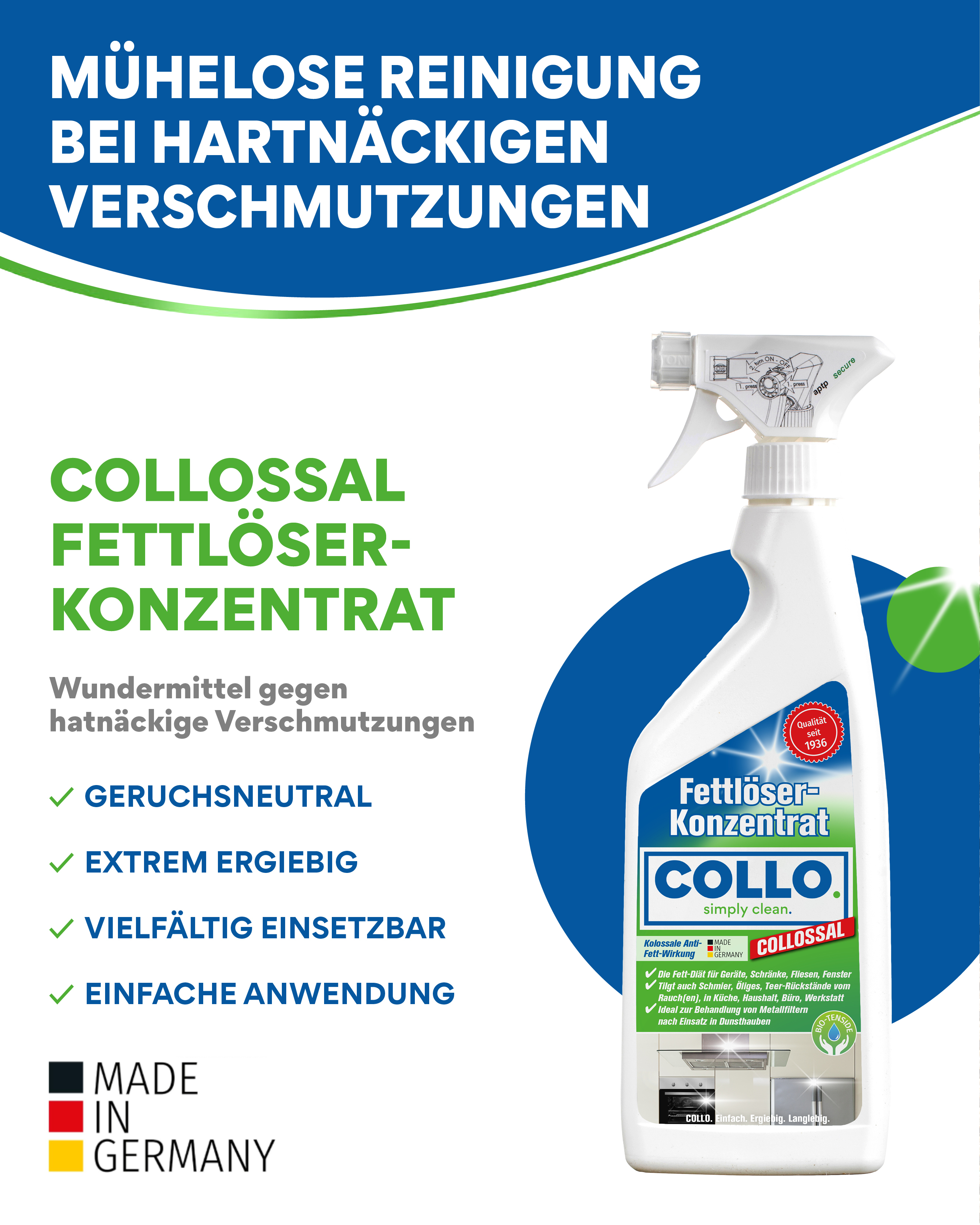COLLO COLLOSSAL Fettlöser – Geruchsneutral und effektiv. Keine beißenden Gerüche beim Reinigen. Frische und saubere Oberflächen ohne Kompromisse.